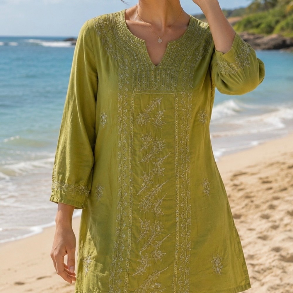 Aryeh Womens Cotton Tunic Top Olive Green Embroidered Sequin Boho Sz M Coastal